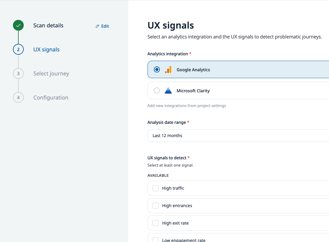 UXDuty - UX signal selection with Google Analytics and Microsoft Clarity, date range and signal checkboxes.
