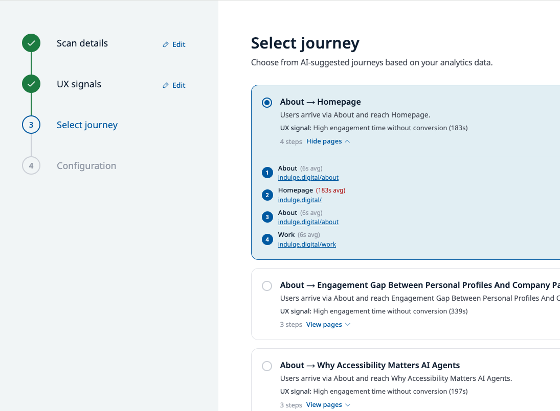 UXDuty - AI-suggested journey list with steps, page URLs and engagement-time annotations.